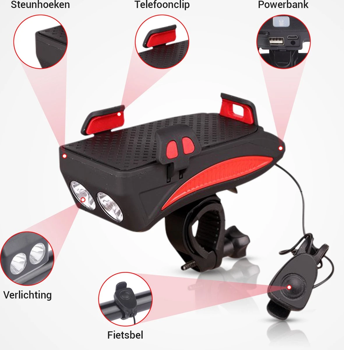 Universele Telefoonhouder Fiets Smartphonehouder - Met Verlichting, Fietsbel En Powerbank 4 Universele Telefoonhouder Fiets Smartphonehouder - Met Verlichting, Fietsbel En Powerbank - Afbeelding 2