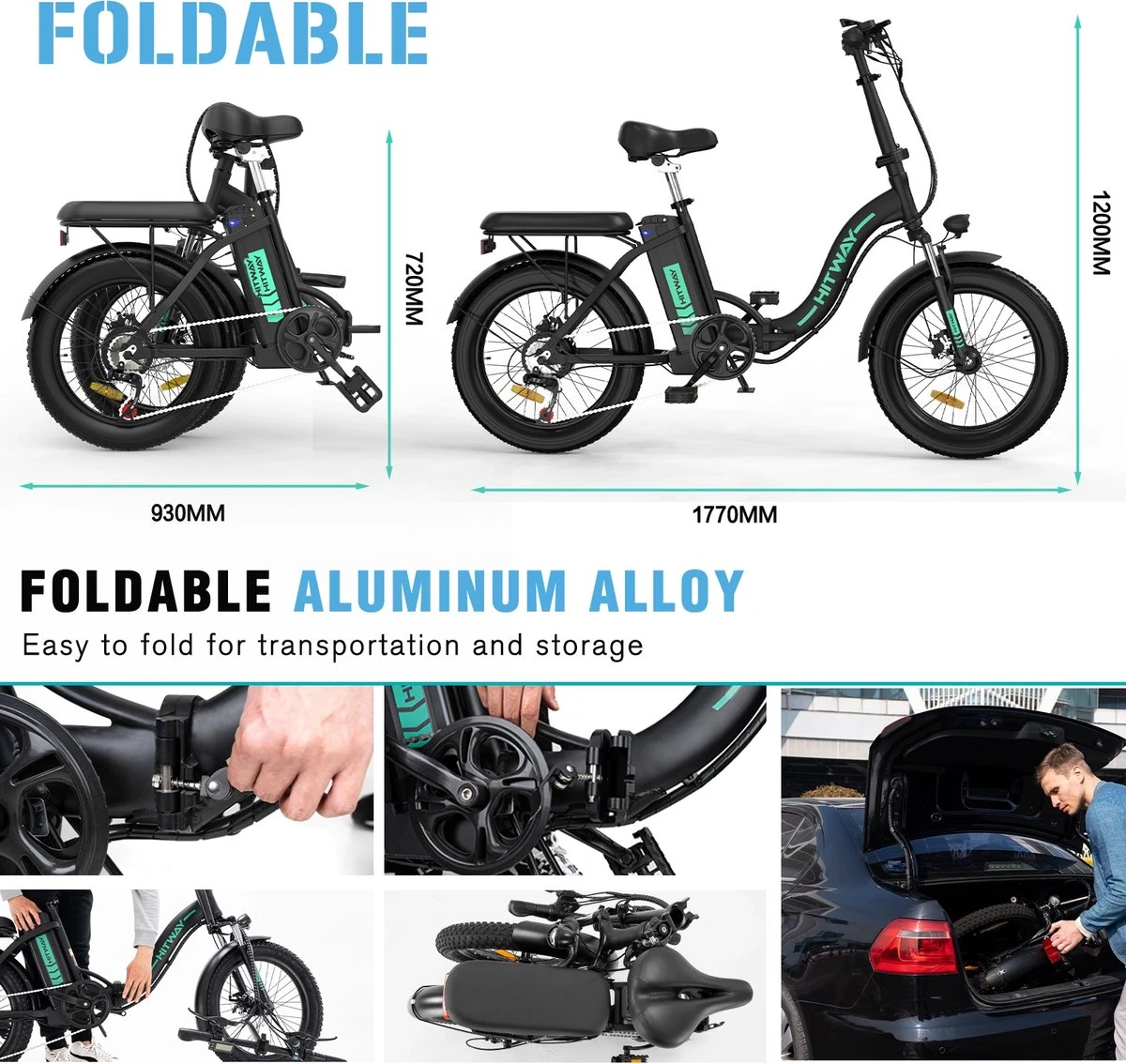 HITWAY E Bike Fat Tire Urban Opvouwbare Elektrische Fiets, 20 Inch, 250W/36V/11,2Ah Batterij Voor Heren En Dames 6 HITWAY E Bike Fat Tire Urban Opvouwbare Elektrische Fiets, 20 Inch, 250W/36V/11,2Ah Batterij Voor Heren En Dames - Afbeelding 4