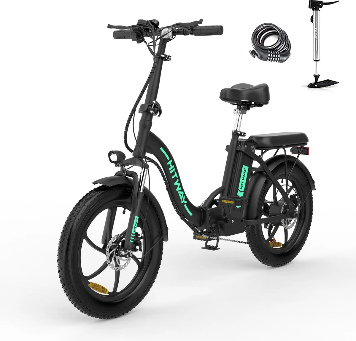 HITWAY E-Bike Elektrische Fiets 20 Inch Fat Tire E-Bicycle Vouwfiets, 250 W, 11,2 Ah Accu, Max. Bereik Tot 35-90 Km, Offroad-mountainbike Met Shimano 7-versnellingen, City EBike Met Slot,Groen Zwart 4 HITWAY E-Bike Elektrische Fiets 20 Inch Fat Tire E-Bicycle Vouwfiets, 250 W, 11,2 Ah Accu, Max. Bereik Tot 35-90 Km, Offroad-mountainbike Met Shimano 7-versnellingen, City EBike Met Slot,Groen Zwart - Afbeelding 2