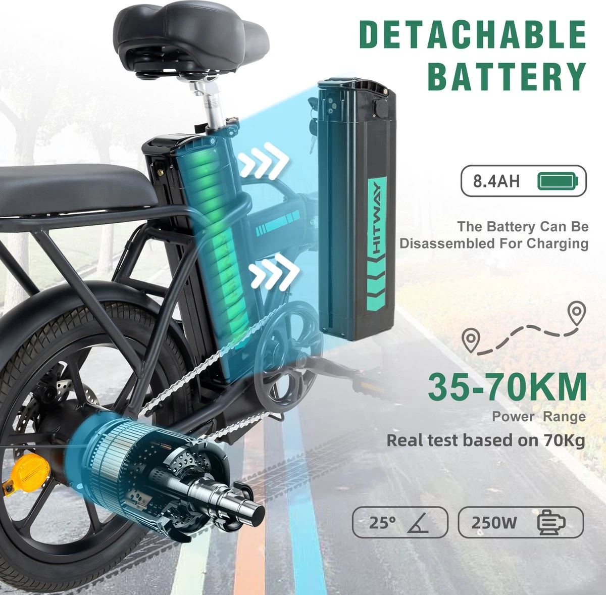 HITWAY E Bike Elektrische Fiets Vouwfiets, 36V/8.4Ah Batterij, 250W Motor, 25km/h, 35-70km, 16" City EBike Voor Heren En Dames 4 HITWAY E Bike Elektrische Fiets Vouwfiets, 36V/8.4Ah Batterij, 250W Motor, 25km/h, 35-70km, 16" City EBike Voor Heren En Dames - Afbeelding 2