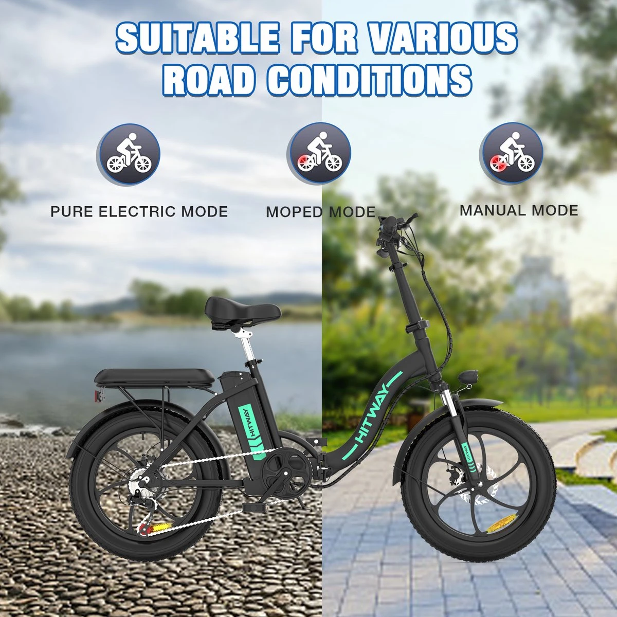 HITWAY E-Bike Elektrische Fiets 20 Inch Fat Tire E-Bicycle Vouwfiets, 250 W, 11,2 Ah Accu, Max. Bereik Tot 35-90 Km, Offroad-mountainbike Met Shimano 7-versnellingen, City EBike Met Slot,Groen Zwart 9 HITWAY E-Bike Elektrische Fiets 20 Inch Fat Tire E-Bicycle Vouwfiets, 250 W, 11,2 Ah Accu, Max. Bereik Tot 35-90 Km, Offroad-mountainbike Met Shimano 7-versnellingen, City EBike Met Slot,Groen Zwart - Afbeelding 7