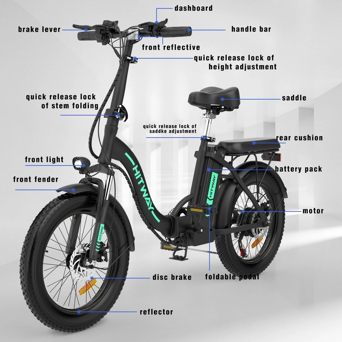 HITWAY E-bike Elektrische Fiets 20" Vouwfiets Met Dikke Banden, 250W/36V/11,2Ah Accu, 35-90 Km, Offroad-mountainbike Met Shimano 7 Versnellingen, CityBike Voor Heren En Dames 5 HITWAY E-bike Elektrische Fiets 20" Vouwfiets Met Dikke Banden, 250W/36V/11,2Ah Accu, 35-90 Km, Offroad-mountainbike Met Shimano 7 Versnellingen, CityBike Voor Heren En Dames - Afbeelding 3