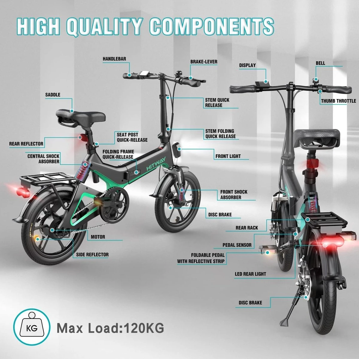 Merkloos Hitway 14F005 Elektrische Fiets E-bike | Opvouwbaar | 250W Motor | 7.5Ah | 16" | Zwart / Groen 8 Merkloos Hitway 14F005 Elektrische Fiets E-bike | Opvouwbaar | 250W Motor | 7.5Ah | 16" | Zwart / Groen - Afbeelding 6