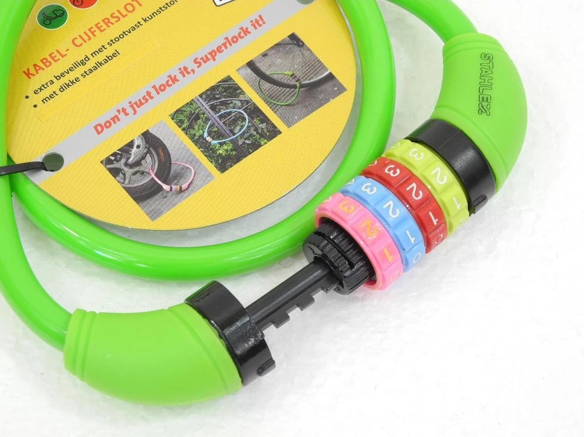 Benson Stahlex Ø10mm / 65cm Kabelslot Schlechts 230g Met Cijferslot | Het Eerste Fietsslot Voor Uw Kind | Groen 4 Benson Stahlex Ø10mm / 65cm Kabelslot Schlechts 230g Met Cijferslot | Het Eerste Fietsslot Voor Uw Kind | Groen - Afbeelding 2