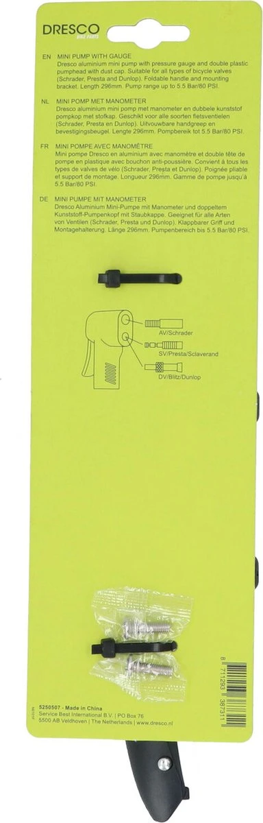 Dresco Mini Pomp Met Manometer 29,6cm - Fietspomp 4 Dresco Mini Pomp Met Manometer 29,6cm - Fietspomp - Afbeelding 2